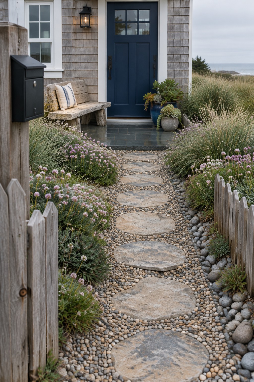 Stone path winds through gravel garden to blue door of coastal home.