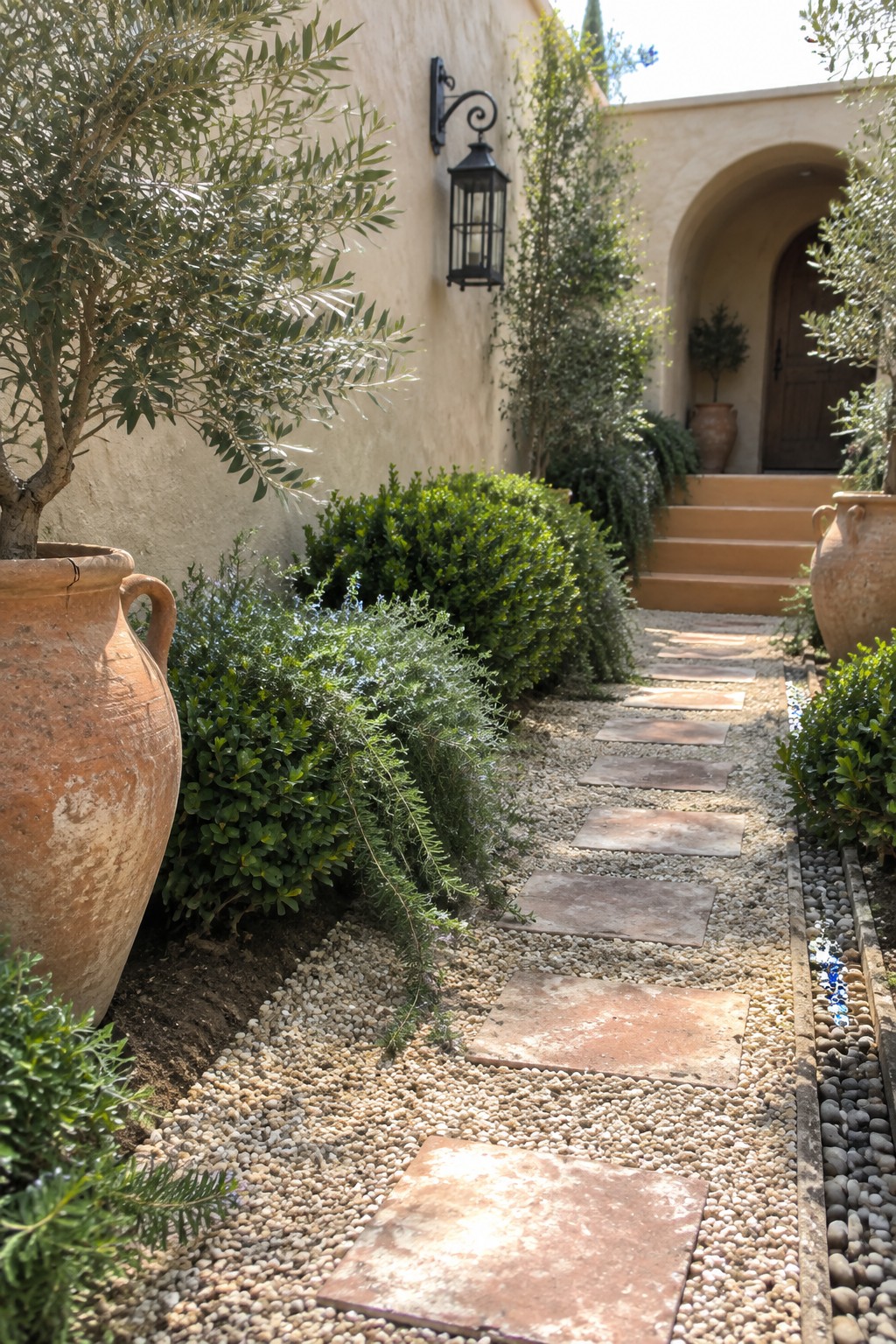 A gravel walkway with irregular stone stepping stones runs between planted beds and large terracotta pots toward a house with an arched doorway.