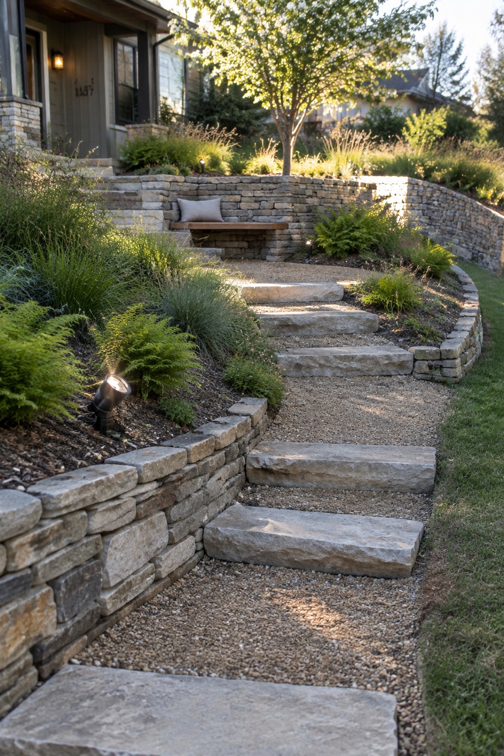 Stone steps and gravel path winding through landscaped garden with stone walls and bench