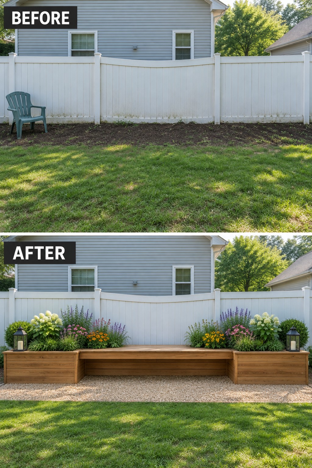 Before and after backyard with new wooden bench, planters and colorful flowers