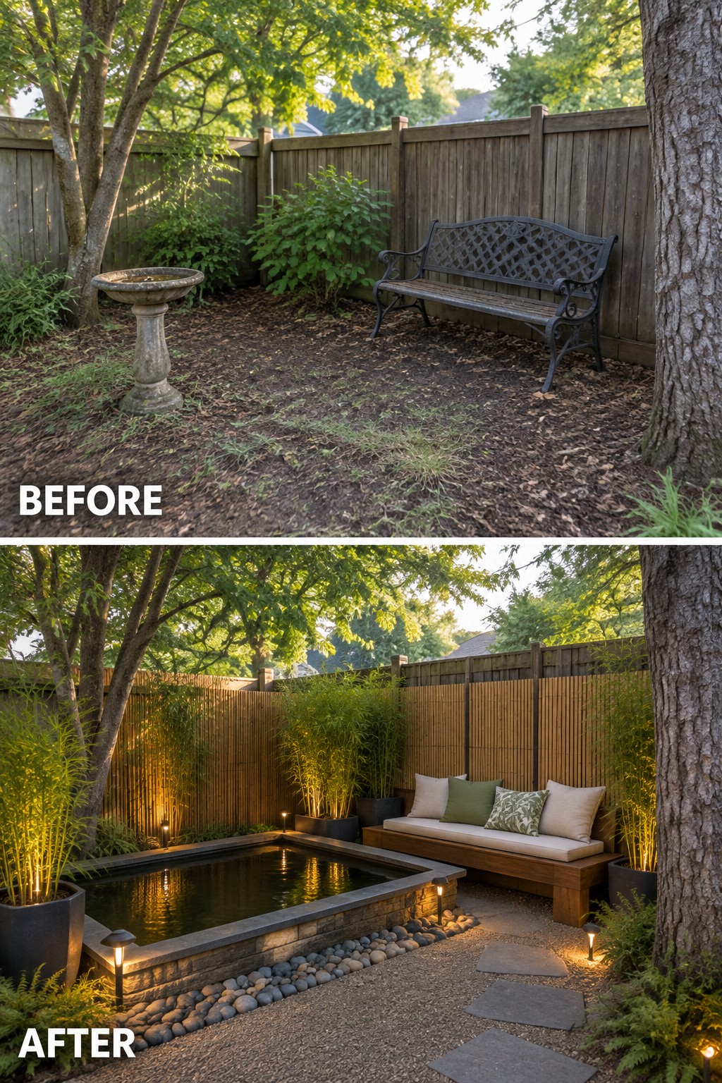 Before and after backyard transformation with pond, bench, lighting, and plants