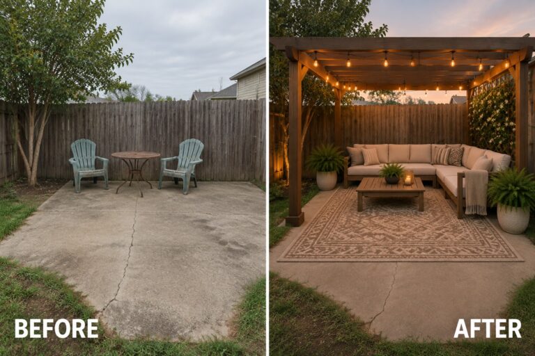 24 Stylish Backyard Makeover Ideas Built Around Outdoor Seating Backyard patio before and after with pergola, sectional sofa, rug, and string lights.