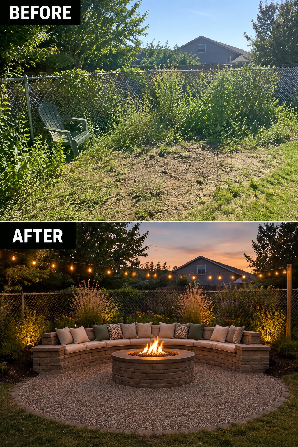 Before and after backyard transformation from overgrown weeds to fire pit lounge with lights