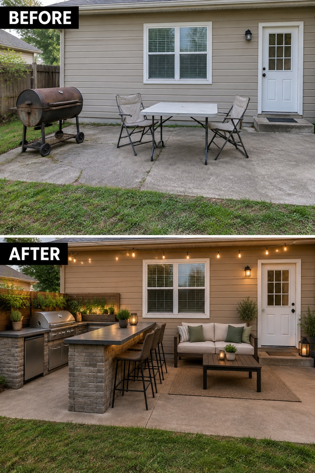 Before and after backyard patio with modern outdoor kitchen, sofa, and string lights
