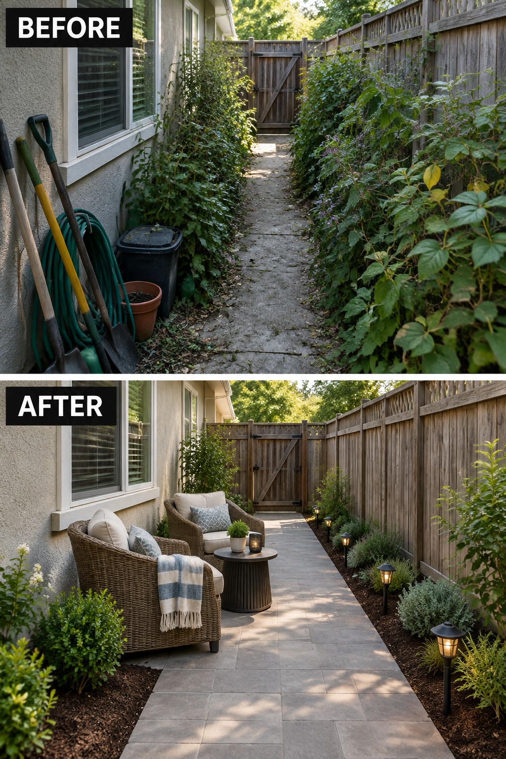 Before and after of cluttered side yard transformed into neat paved patio with seating