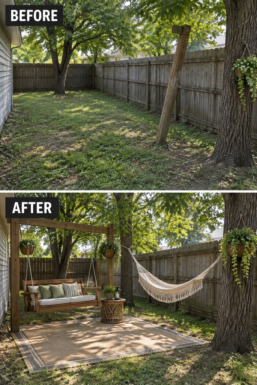 Before-and-after image of an empty backyard changed into an outdoor seating area with a wooden swing, hammock, and rug.
