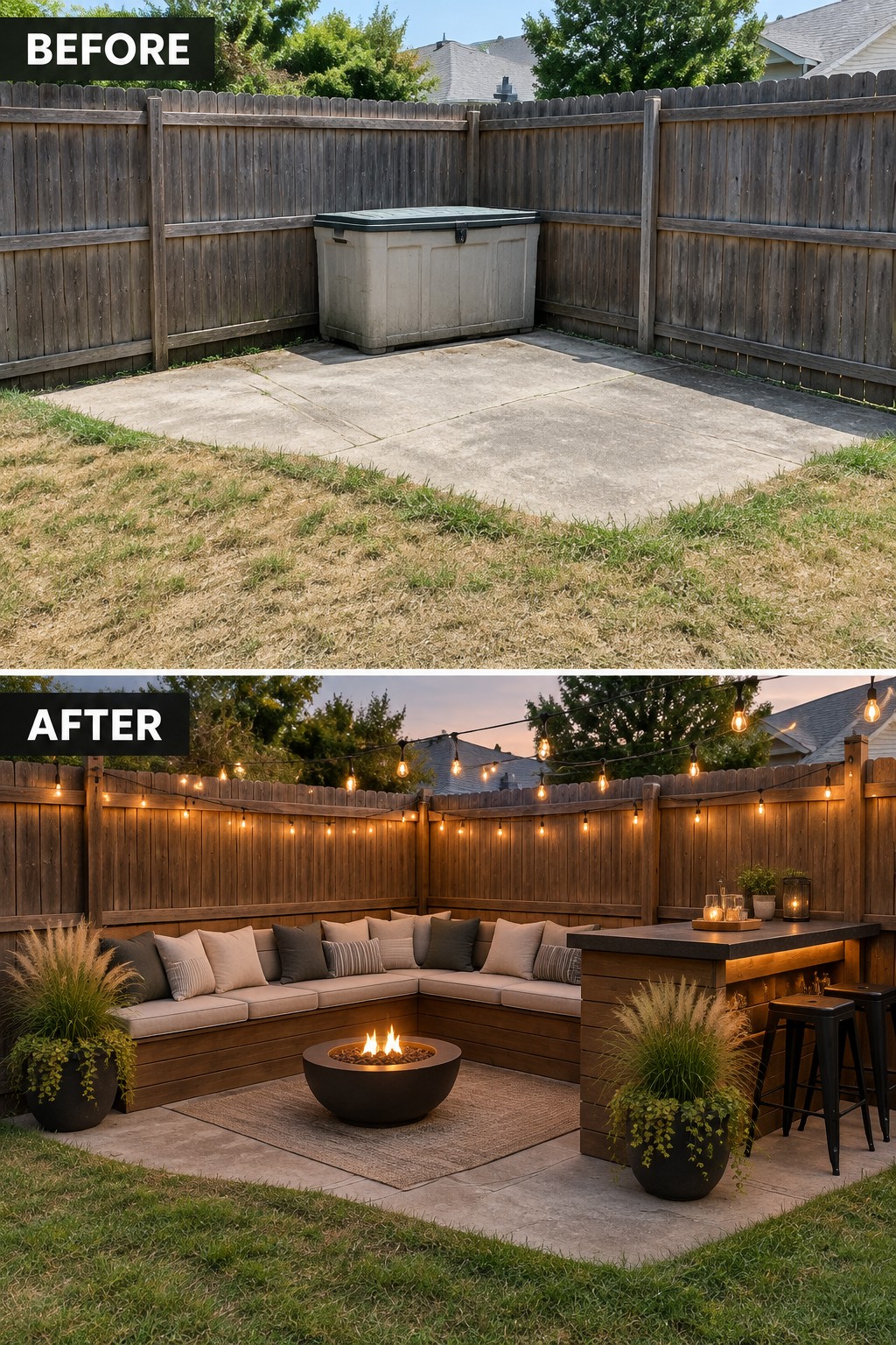 Before-and-after image of a bare concrete patio transformed into an outdoor seating area with built-in benches, a fire pit, string lights, and a bar counter.