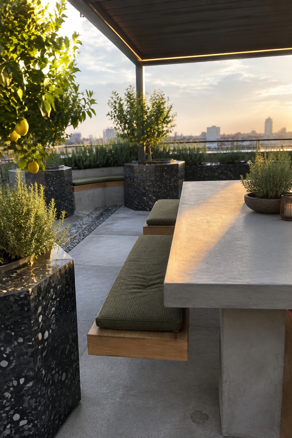 A rooftop terrace features a long concrete dining table with attached wooden benches topped by green cushions, surrounded by large speckled geometric planters holding small trees and shrubs, overlooking a city skyline at sunset.