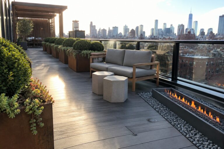 22 Stylish Modern Roof Gardens Featuring Geometric Planters and Minimalist Furniture A modern rooftop terrace features a wooden sofa with gray cushions, geometric concrete stools, rectangular rust planters with greenery, and a long linear fire pit set in dark pebbles beside a glass railing overlooking a city skyline.