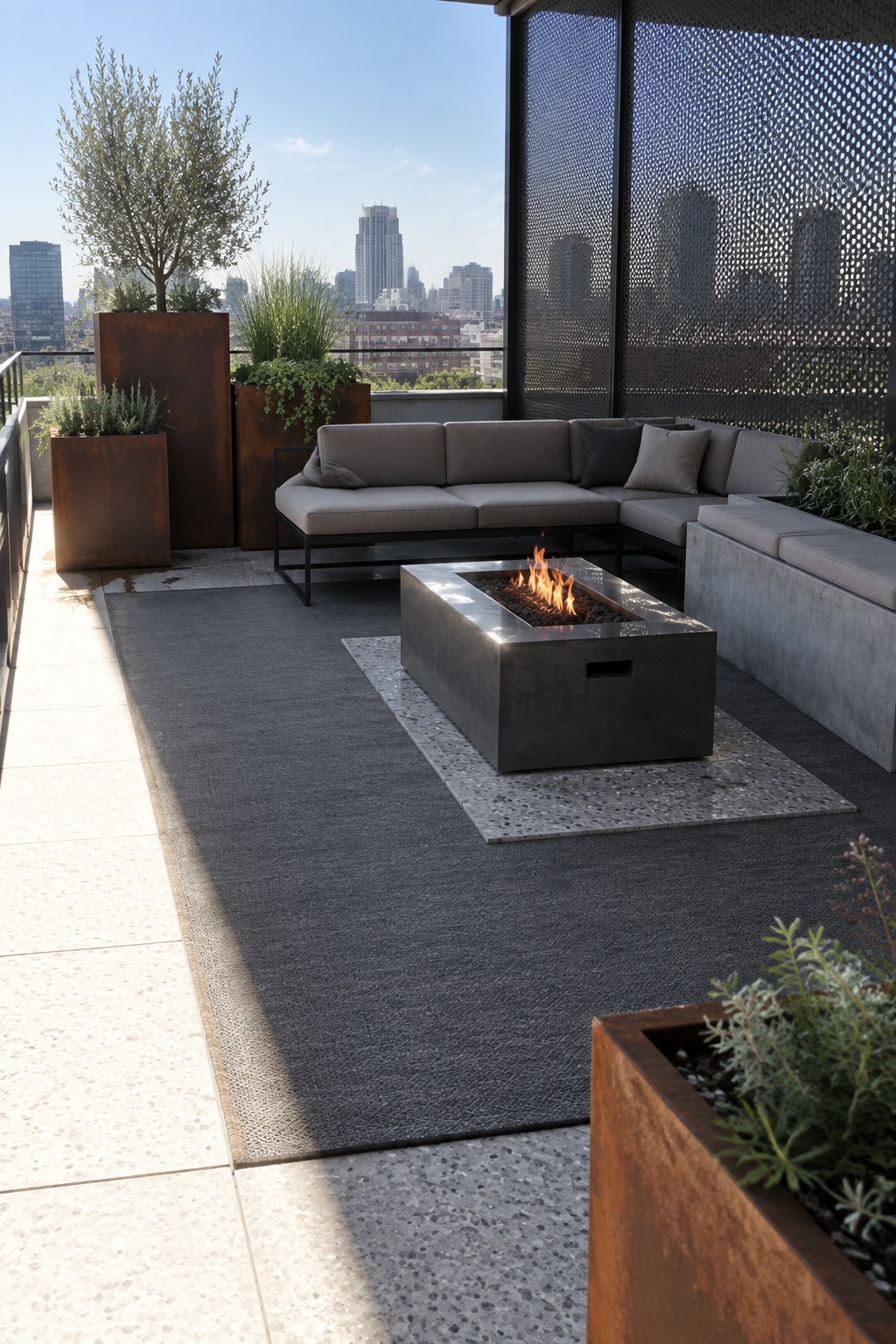 Modern rooftop terrace with L-shaped gray sectional sofa, concrete fire pit on a gray rug, and several large rectangular rust-colored metal planters with greenery against a city skyline.