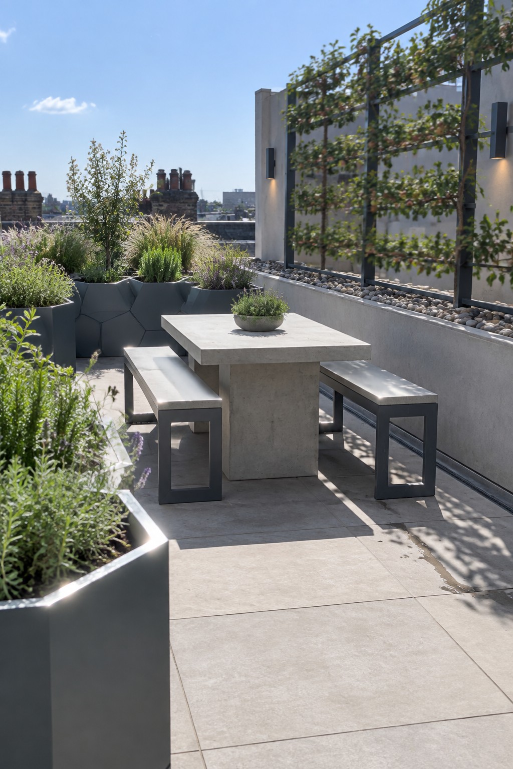 A modern rooftop terrace with a concrete dining table and benches surrounded by large angular gray planters holding green plants and small trees.
