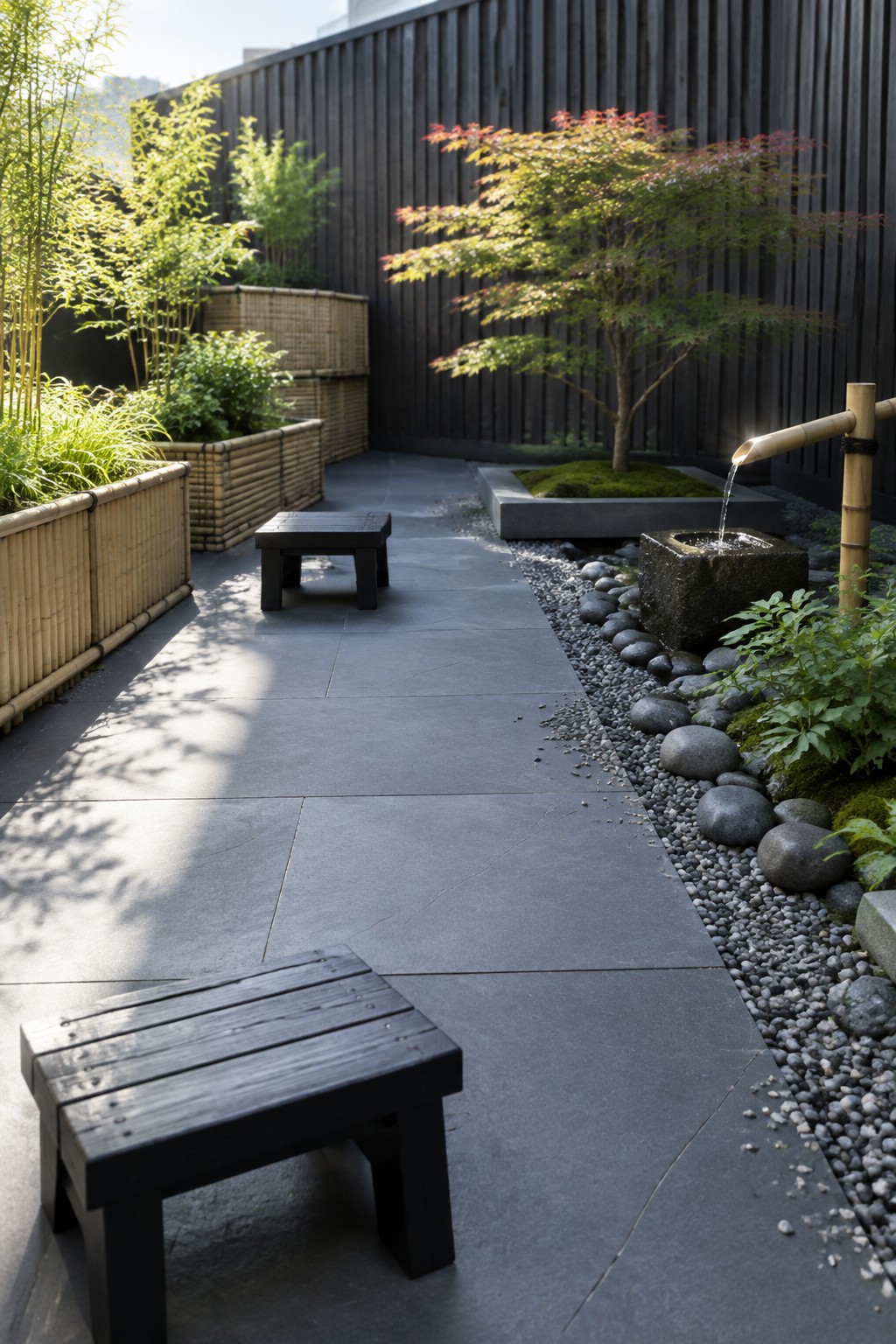 A narrow outdoor garden path of large dark stone slabs bordered by gravel and river rocks, with bamboo planters on the left and a stone water basin with bamboo spout on the right.