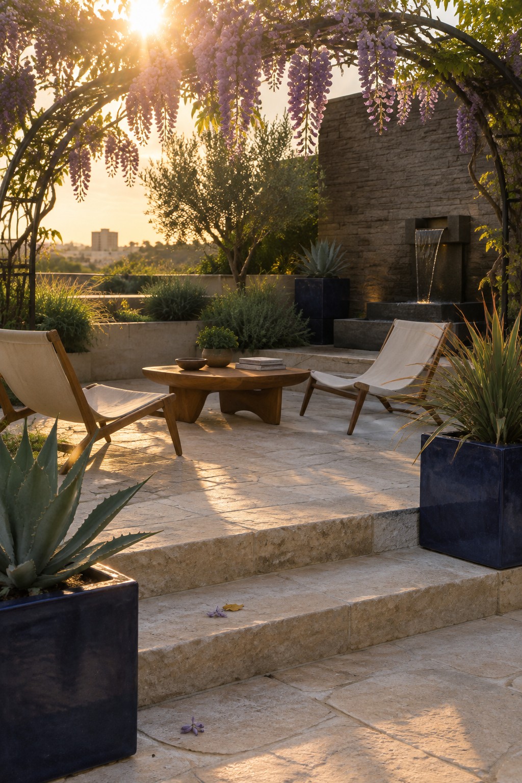 A stone rooftop terrace with two minimalist canvas sling chairs, a low wooden table, large blue square planters, and a water feature beneath blooming wisteria at sunset.