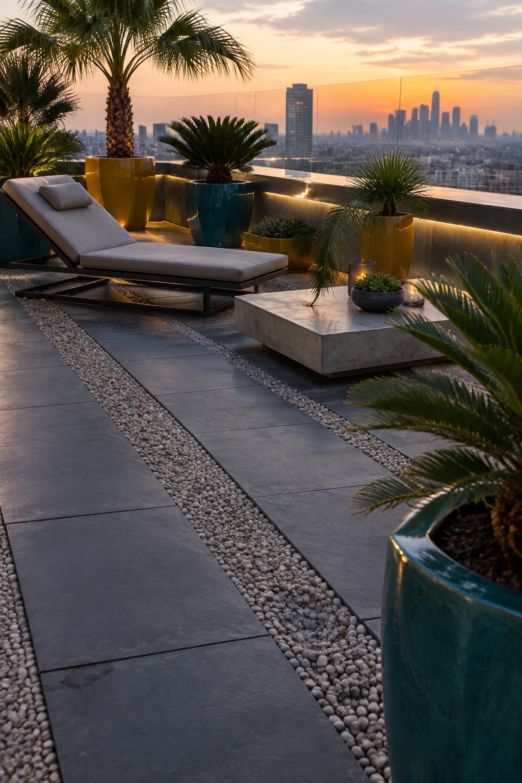 Modern rooftop terrace with lounge chair, colorful planters, and city skyline at sunset.