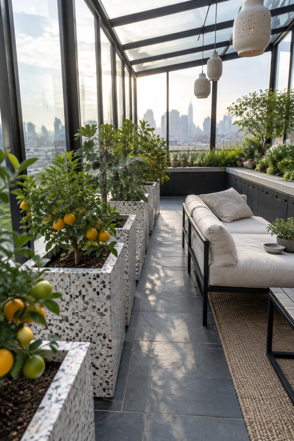 A modern rooftop terrace with a row of rectangular speckled planters holding citrus trees and other plants, next to a light-colored sofa with black frame under a glass roof overlooking a city skyline.