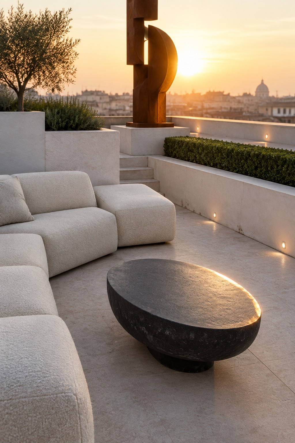 A rooftop terrace at sunset features curved white modular outdoor seating arranged around a dark oval stone coffee table, with concrete planters holding greenery and a modern sculpture in the background.