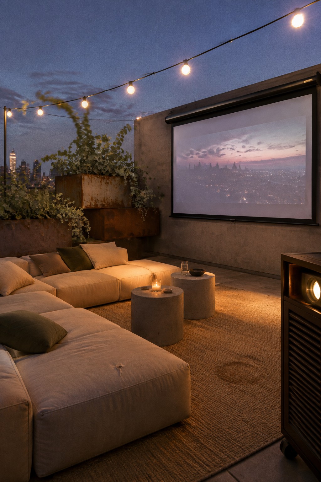 Rooftop lounge with sectional sofa, projector screen, string lights, and city skyline at dusk