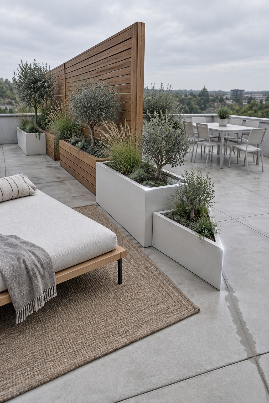 A modern rooftop terrace with a light gray lounge chair on a woven rug, large white geometric concrete planters holding small trees and grasses, a wooden slatted privacy screen, and a white dining table with chairs in the background.