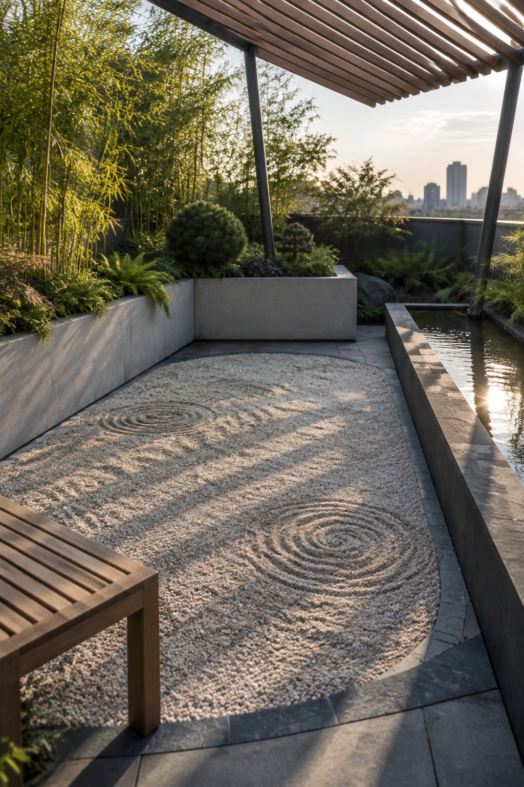 A modern rooftop garden featuring raked gravel with circular patterns, geometric concrete planters, a wooden bench, and a narrow water channel along one side.
