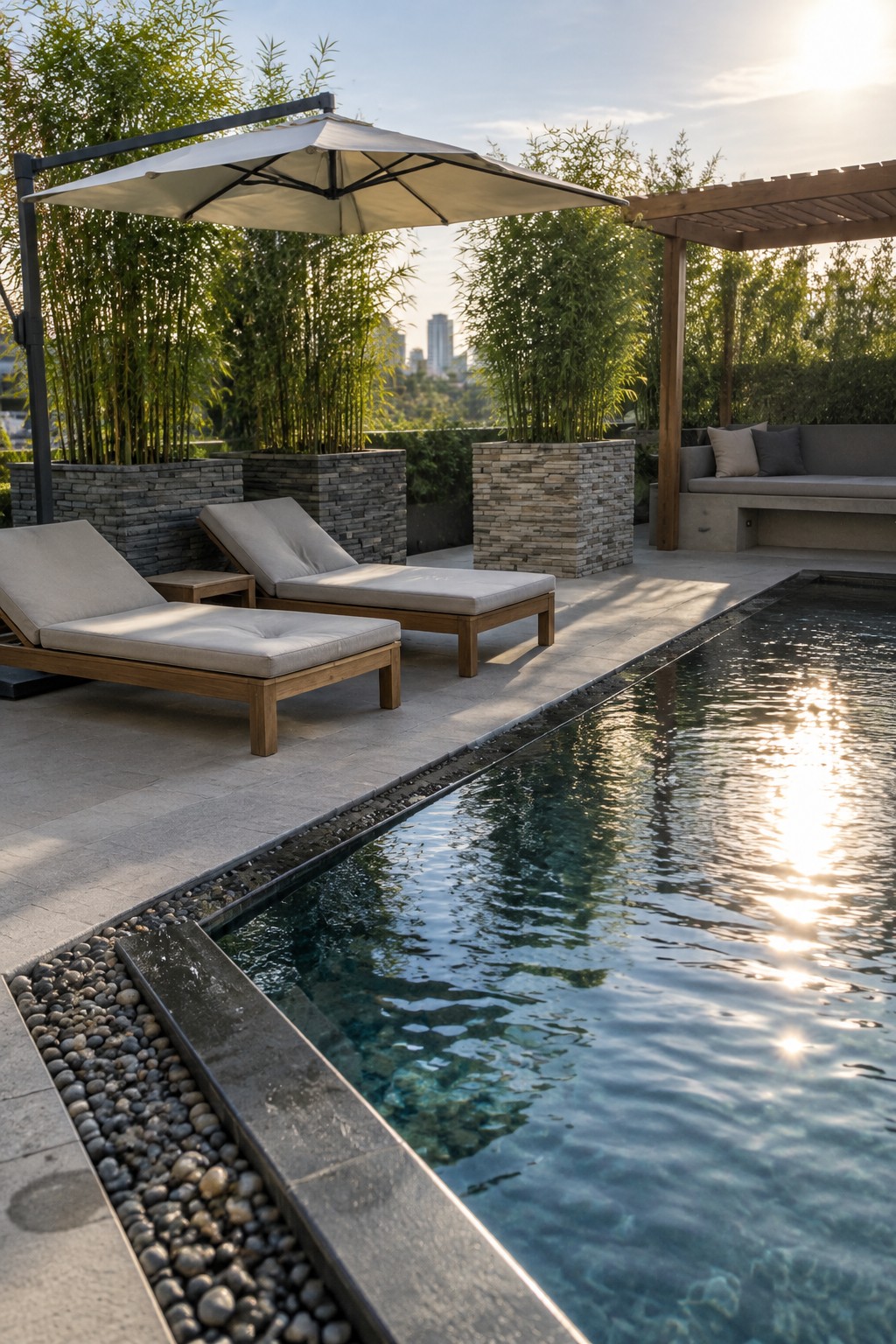 A modern rooftop pool deck with two wooden lounge chairs under a large cantilever umbrella, several rectangular stone planters with tall bamboo, a wooden pergola with built-in seating, and a distant city skyline.
