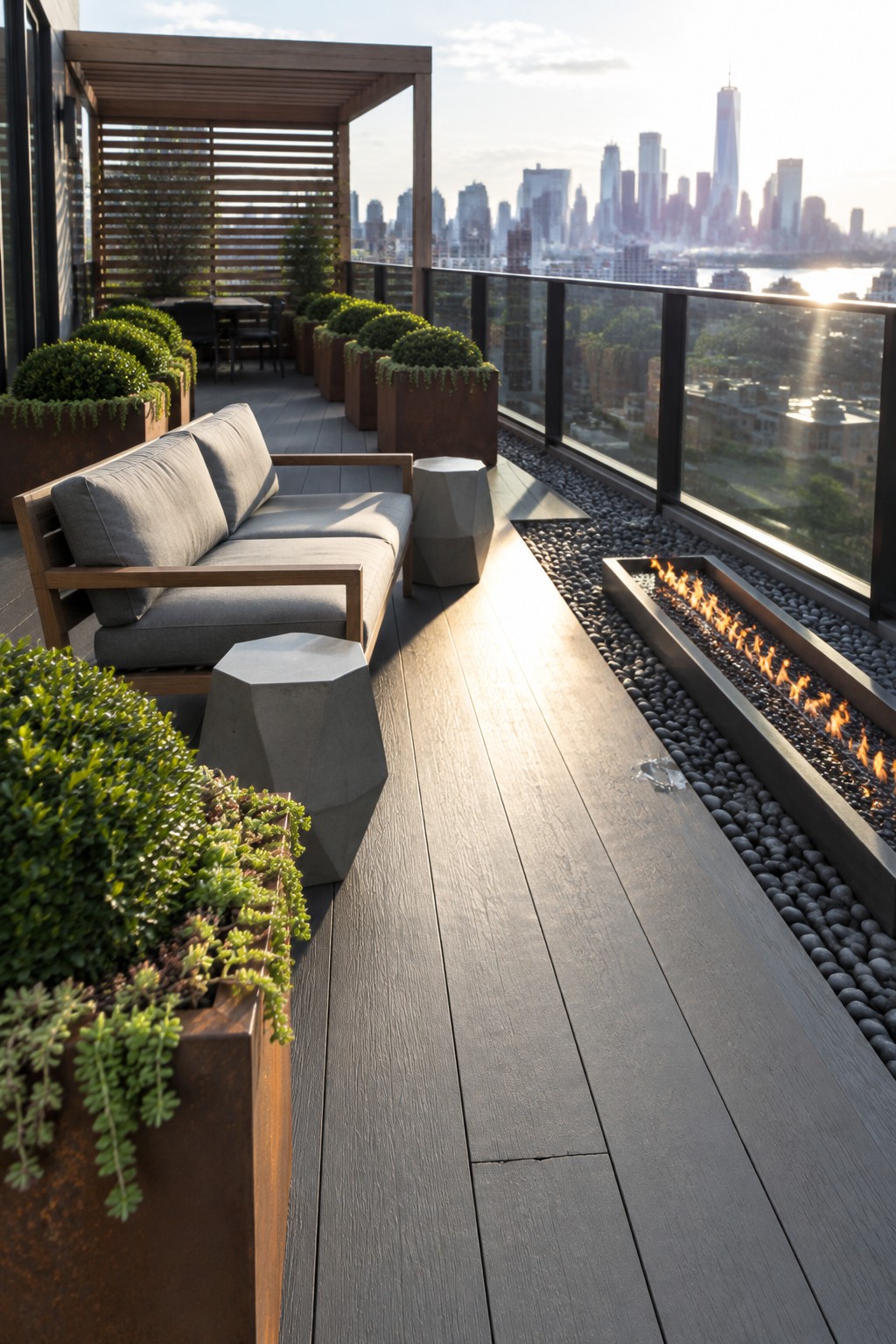 A modern rooftop terrace features a wooden sofa with gray cushions, geometric concrete stools, rectangular rust planters with greenery, and a long linear fire pit set in dark pebbles beside a glass railing overlooking a city skyline.