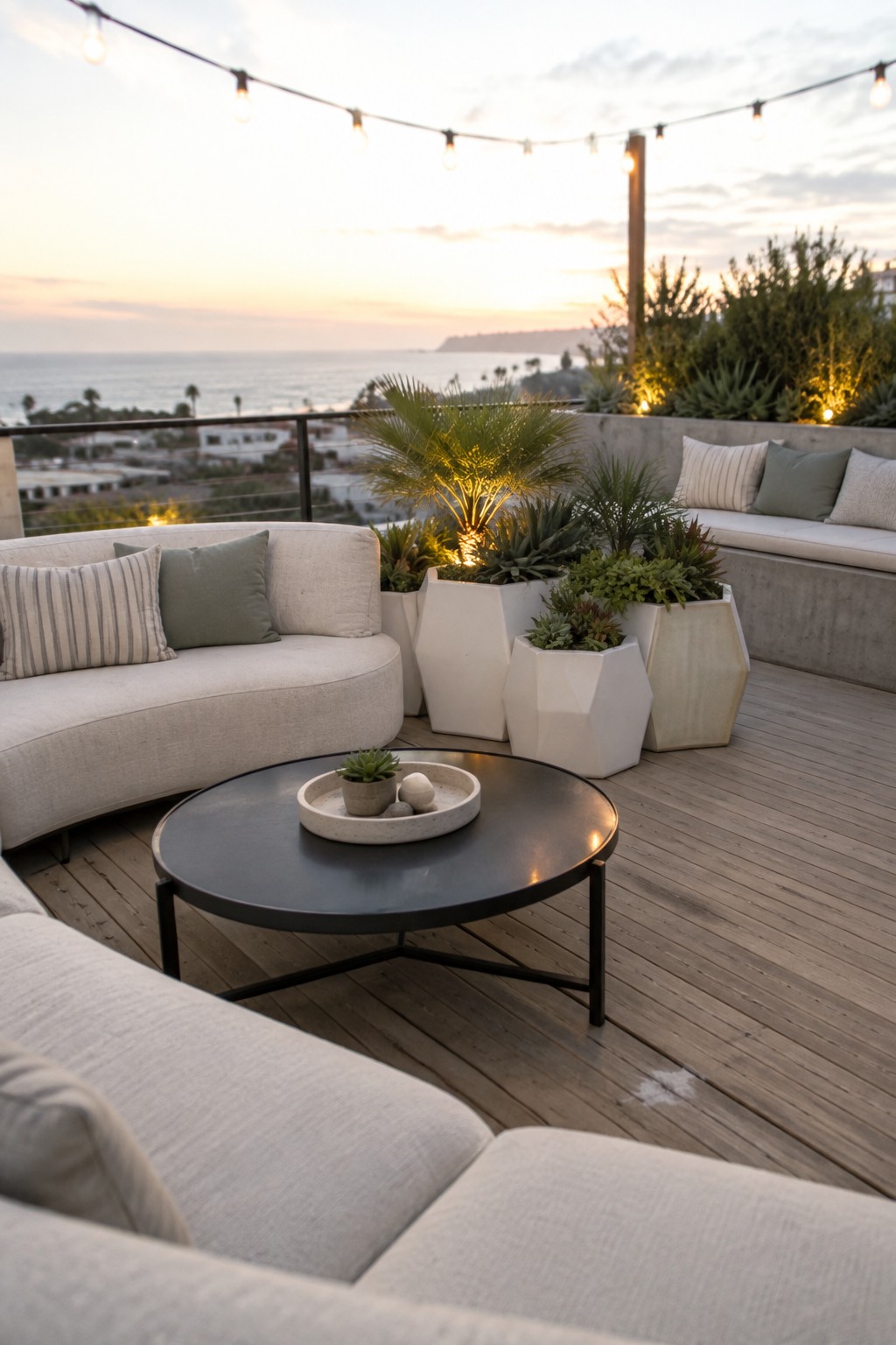A rooftop wooden deck features a curved white sectional sofa, round black coffee table with a small tray, and multiple white geometric planters holding various plants, with string lights overhead and an ocean view at sunset.
