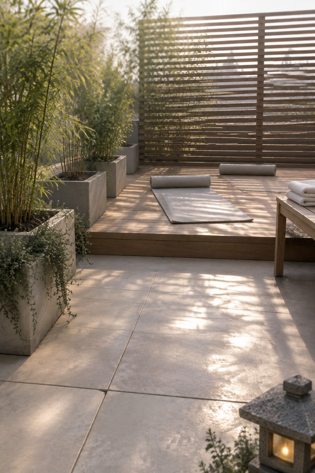 Modern patio with wooden deck, unrolled yoga mats, bamboo planters, and stone lantern