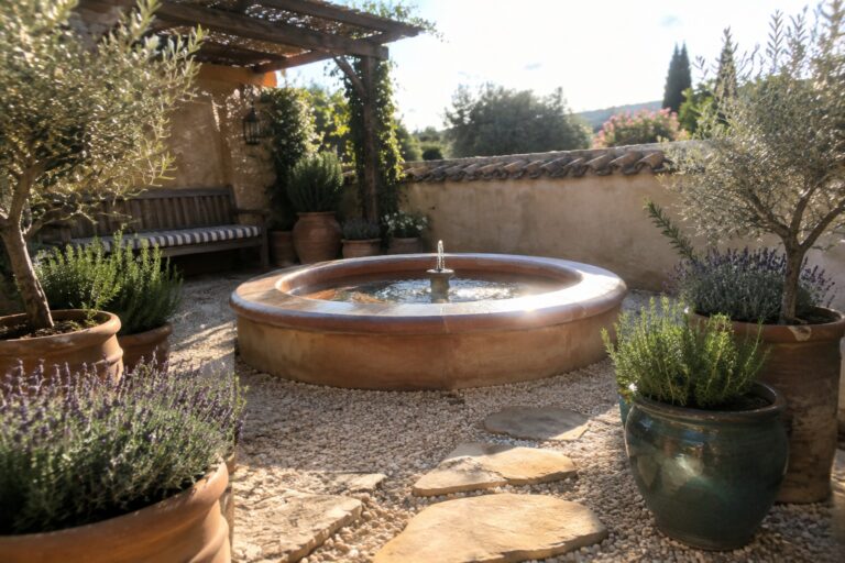 22 Warm Mediterranean Garden Design Ideas Using Gravel and Drought-Tolerant Planting A Mediterranean garden featuring a round terracotta fountain, gravel paths with irregular stone stepping stones, potted olive trees, lavender, and a wooden pergola with seating in the background.