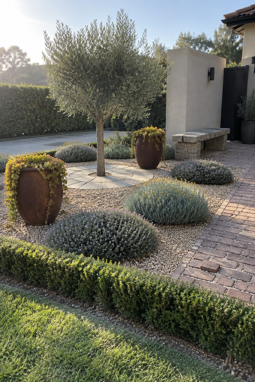 A garden with gravel covering the ground, mounded lavender and other shrubs, two large terracotta pots with trailing plants, a central olive tree in a stone circle, and a brick path on the right.