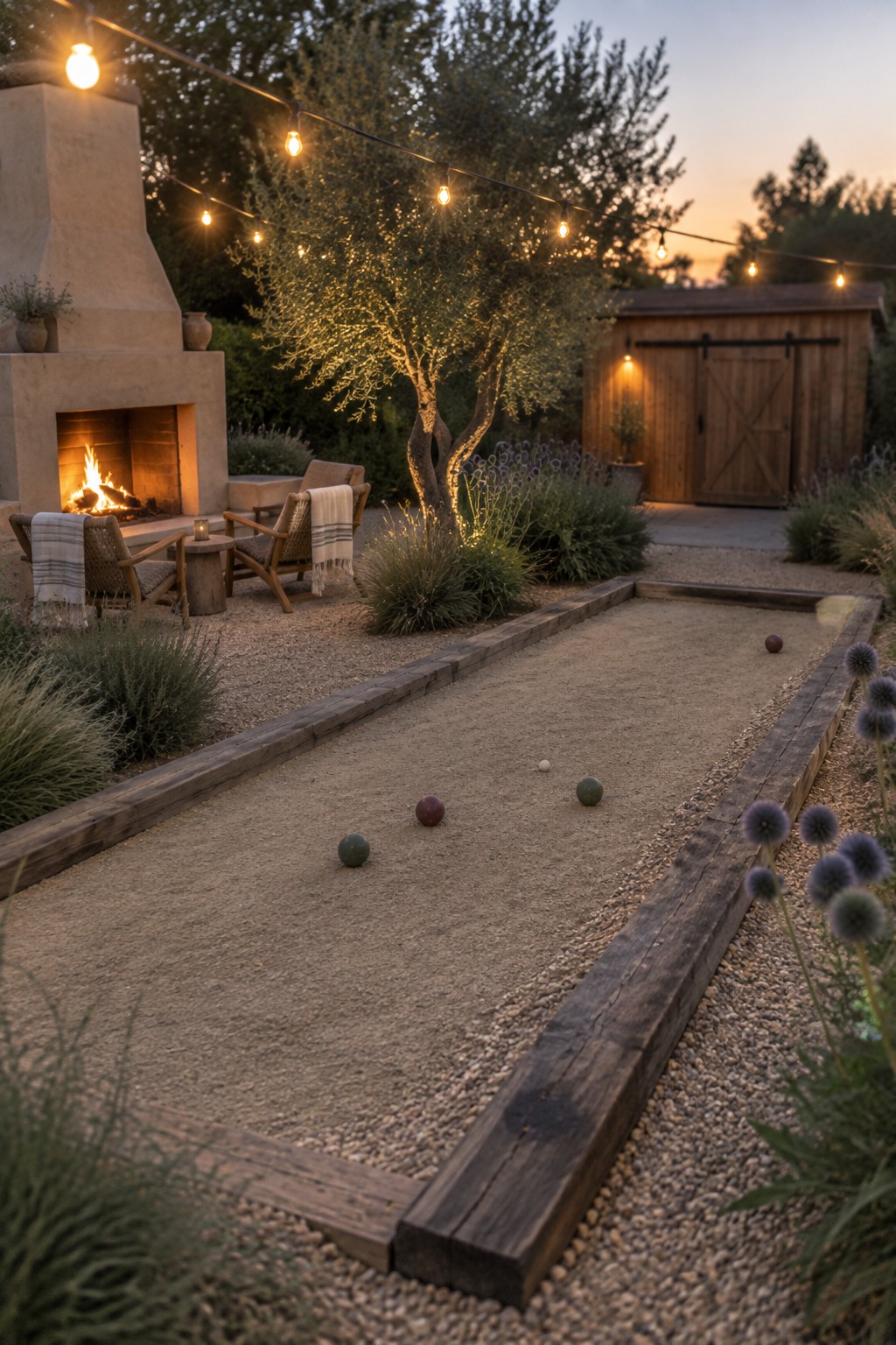 Bocce balls scattered on sandy court near glowing fireplace under string lights at dusk