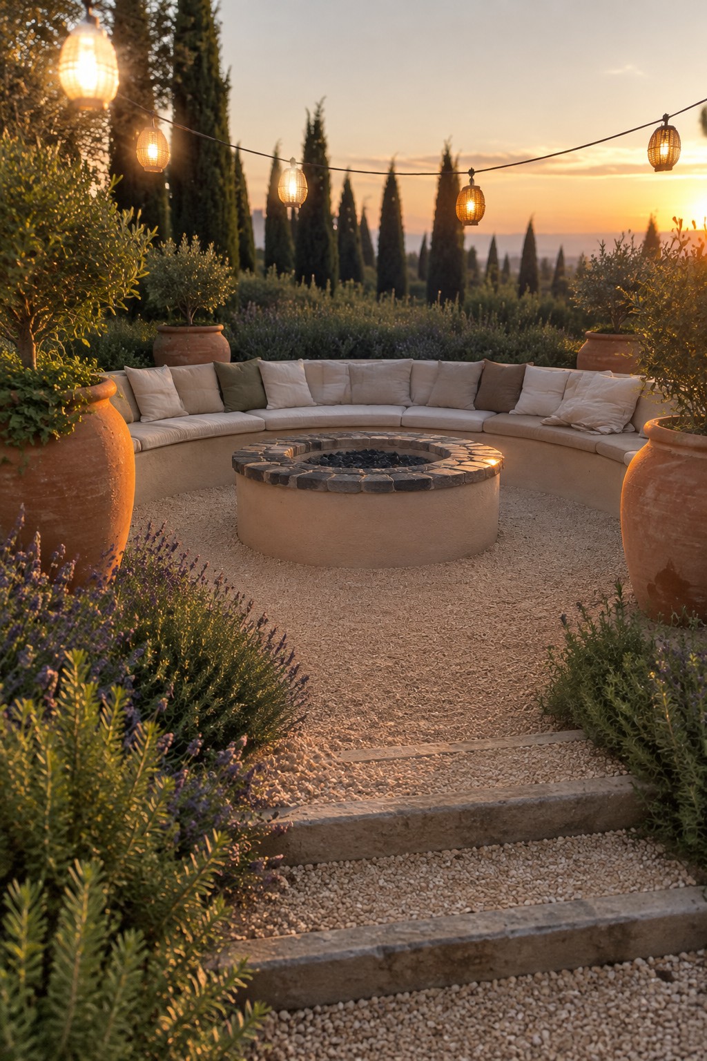 A circular stone fire pit sits in a gravel courtyard with a curved built-in bench, terracotta pots, lavender plants, and string lights at sunset.