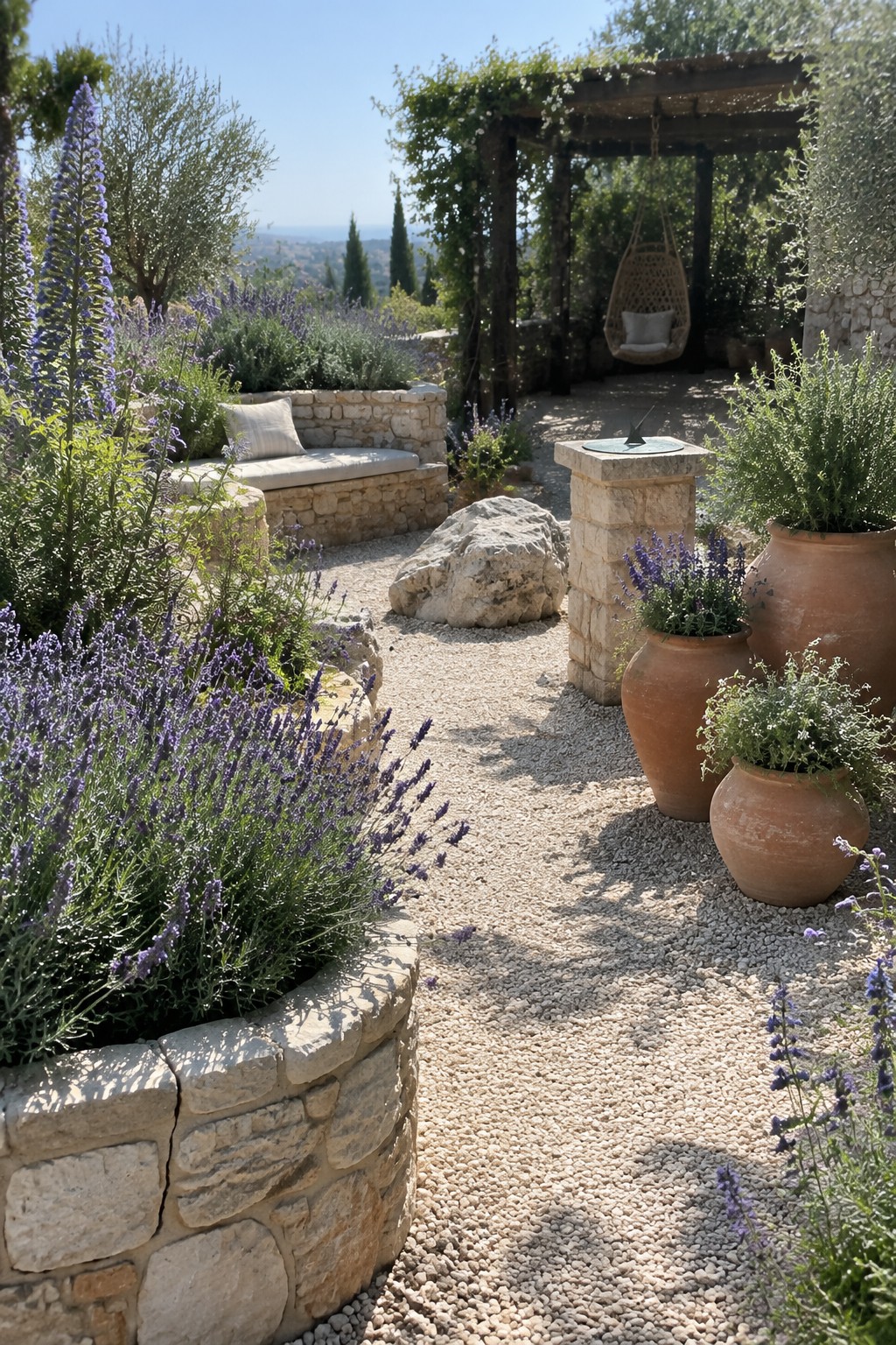 A gravel garden path bordered by low stone walls, lavender in raised beds and terracotta pots, with a wooden pergola and hanging chair visible in the background.