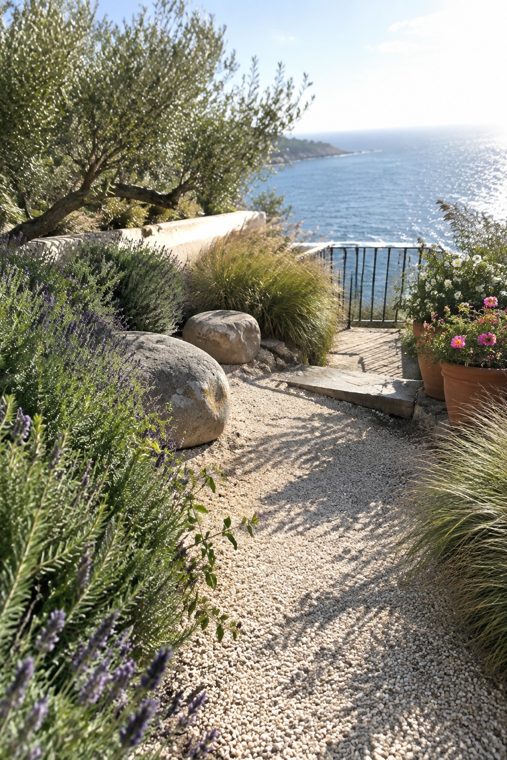 Gravel path with lavender, rocks, and pots overlooking the blue Mediterranean sea.