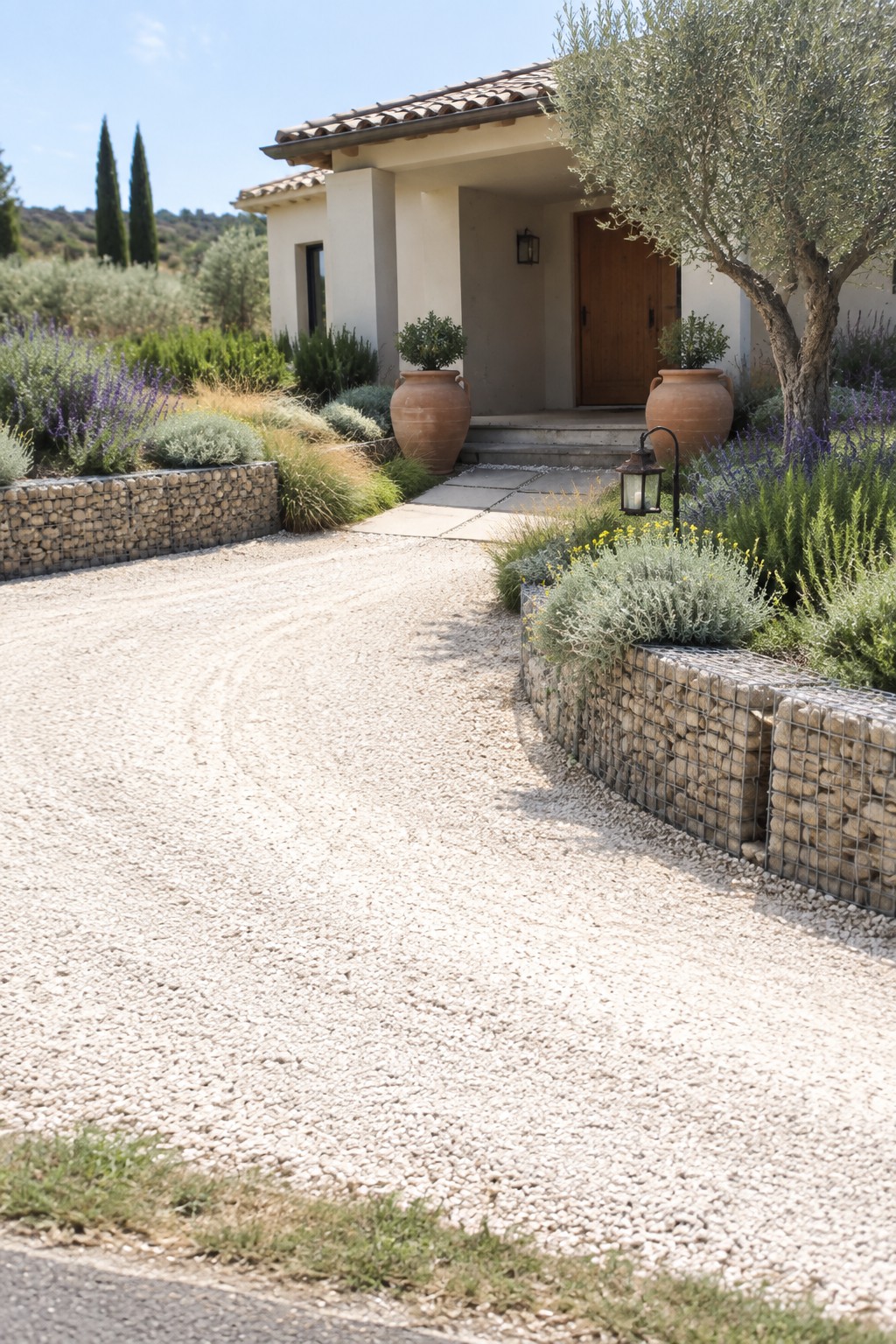 A gravel path curves toward a house entrance, lined with gabion stone walls, terracotta pots, and Mediterranean plants.