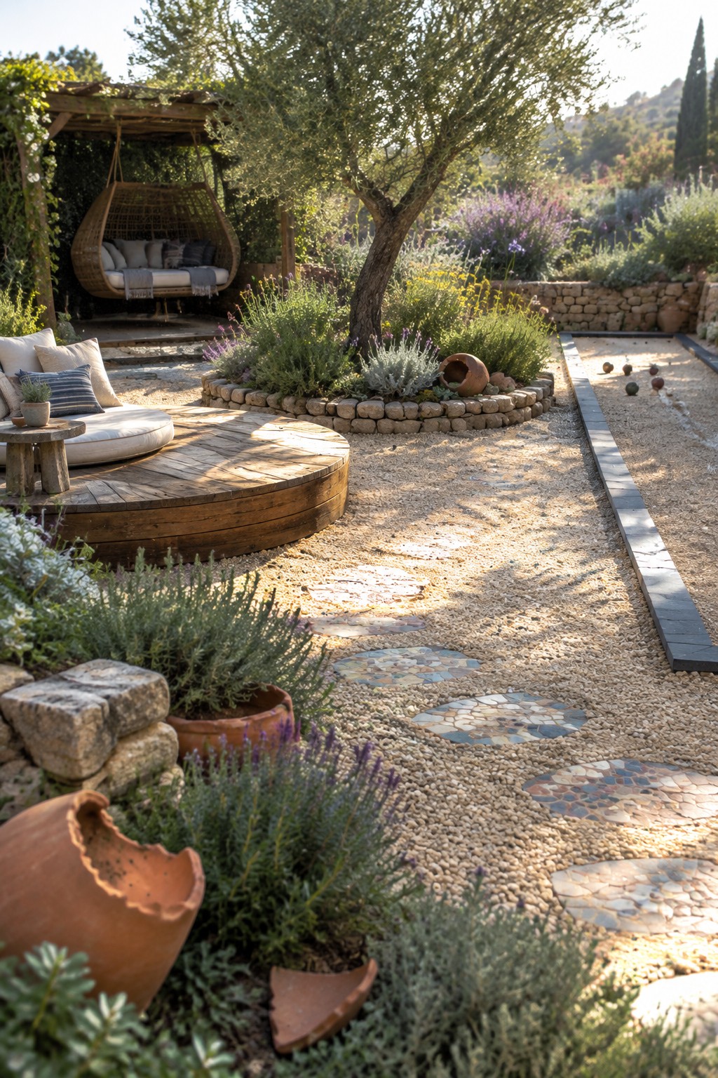 Mediterranean garden with mosaic path, wooden deck, hanging chair, and lavender plants