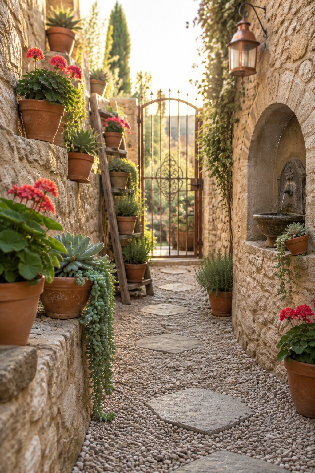 A narrow gravel path with large stone stepping stones runs between rough stone walls lined with terracotta pots of flowering plants and succulents, passing a wall fountain and leading toward an open metal gate.