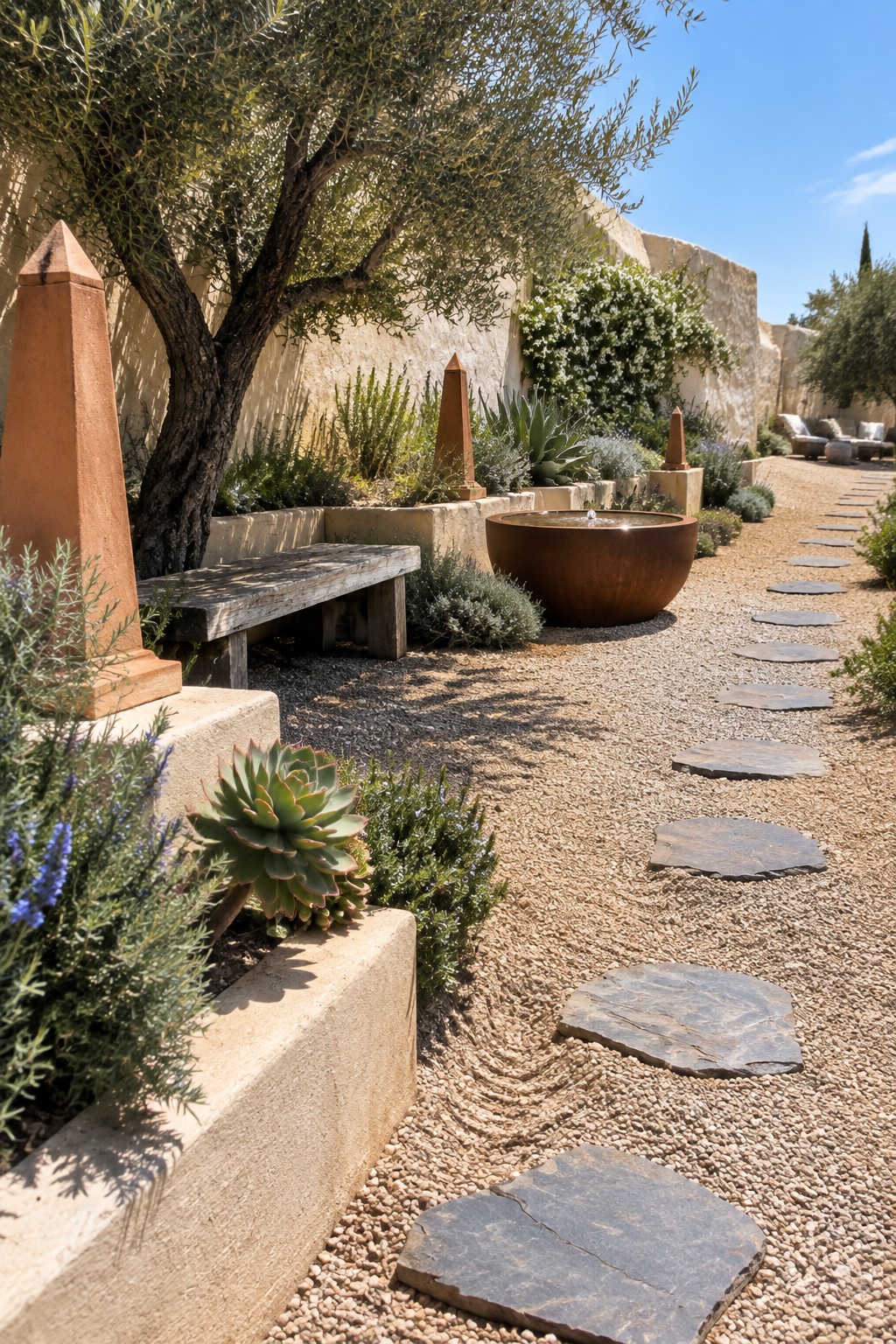 Stepping stone path winds past rusted fountain, bench, and obelisks in sunny garden