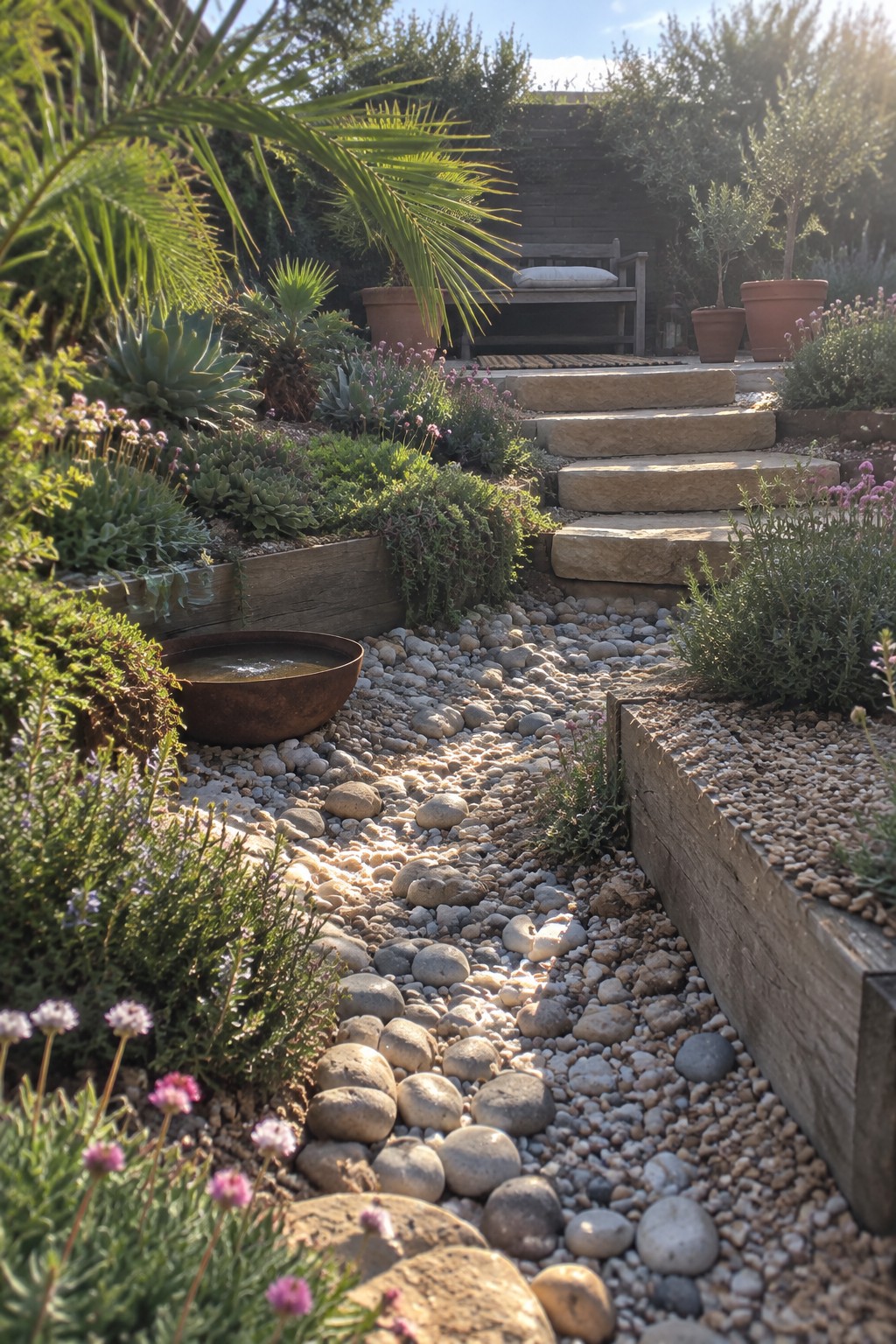 Stone steps rise from pebble path lined with wooden planters and lush plants.