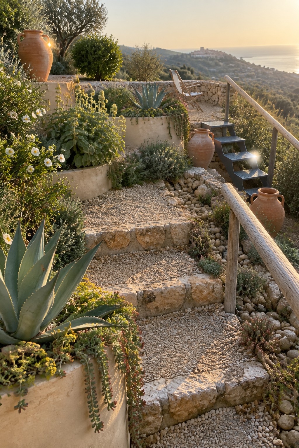 A terraced Mediterranean garden with gravel paths, stone-edged steps, terracotta pots, and drought-tolerant plants including agave and flowering shrubs.