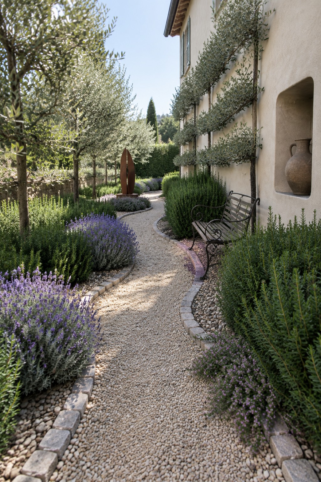 Gravel path winds through lavender bushes past bench and olive trees by villa.