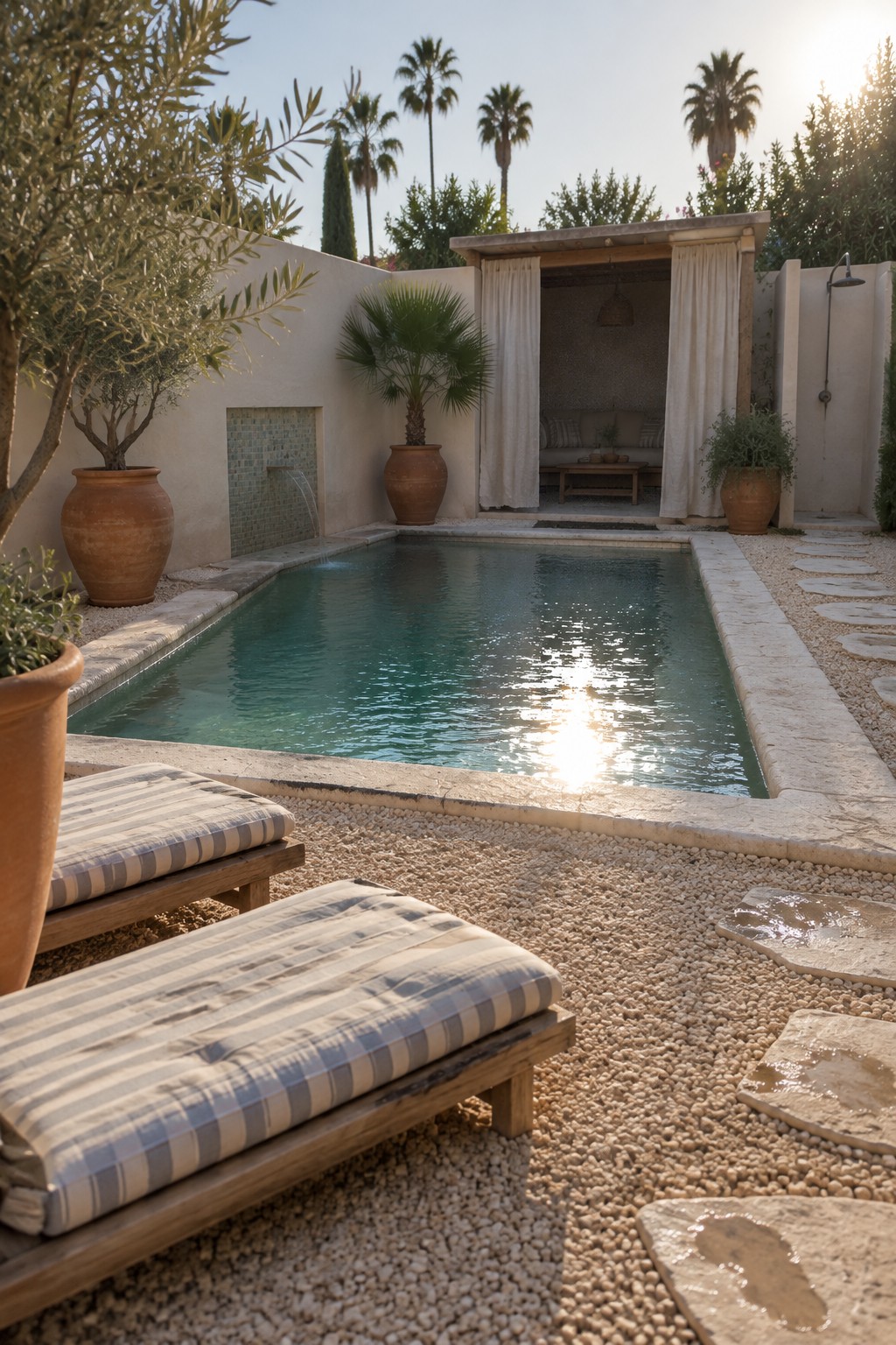 Serene courtyard pool with striped lounge chairs, terracotta pots, and palm trees.