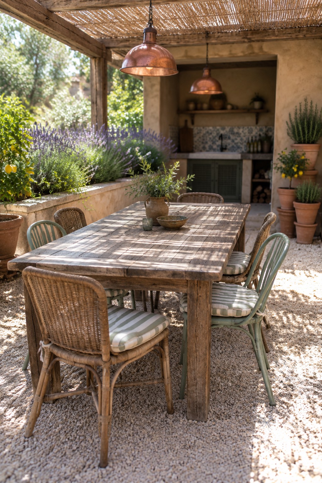 A wooden dining table with mixed wicker and metal chairs sits on gravel beneath a pergola, surrounded by terracotta pots of lavender and herbs near an outdoor kitchen.