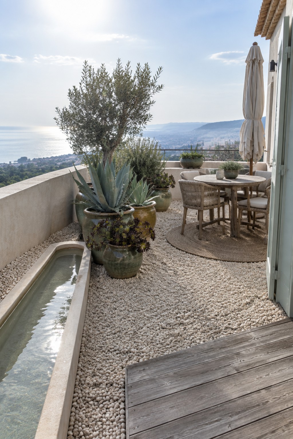 Mediterranean terrace with potted plants, water trough, gravel, dining set, sea view