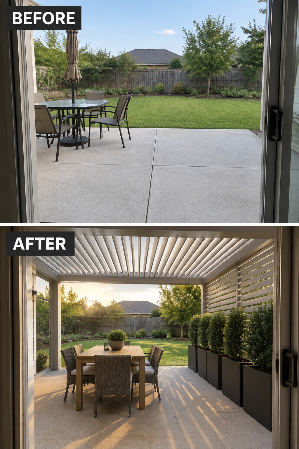 Before-and-after image of a bare concrete patio transformed with a pergola, dining set, and privacy planters along one side.