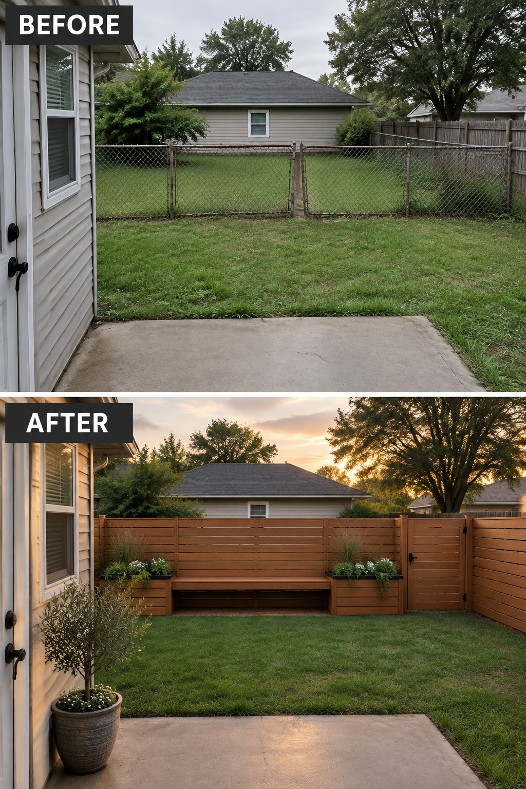 Before-and-after backyard with chain-link fence replaced by wooden bench and planters