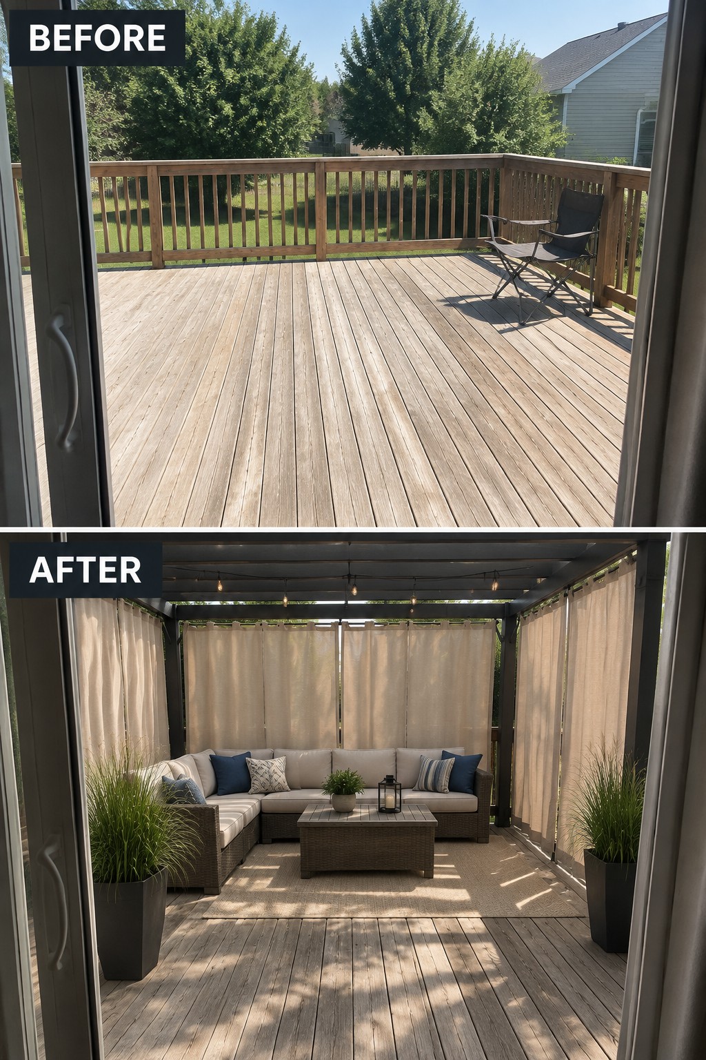 Before empty deck and after with pergola, sectional sofa, curtains and string lights.