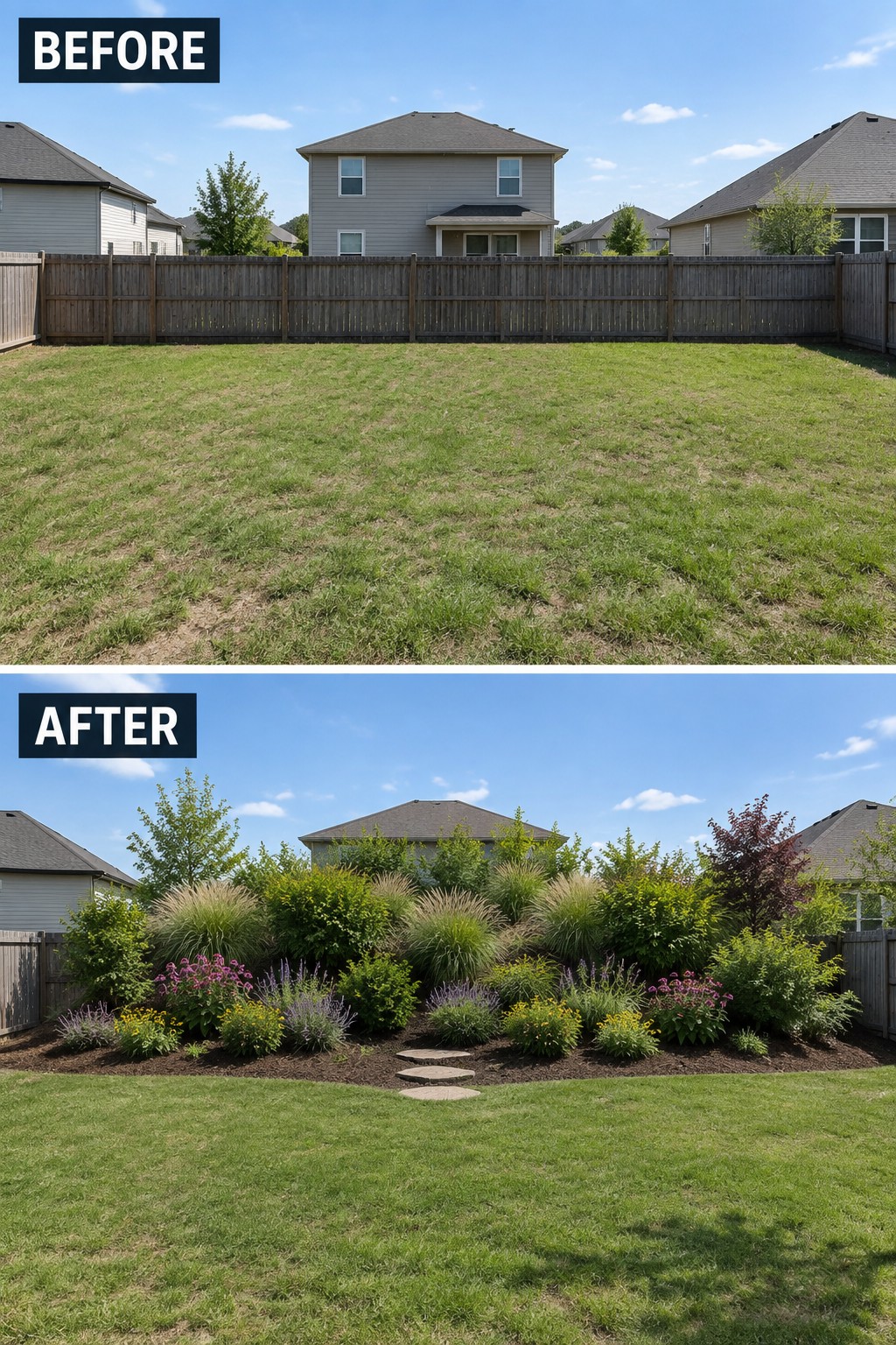 Before and after backyard with empty lawn turned into colorful garden bed and stepping stones.