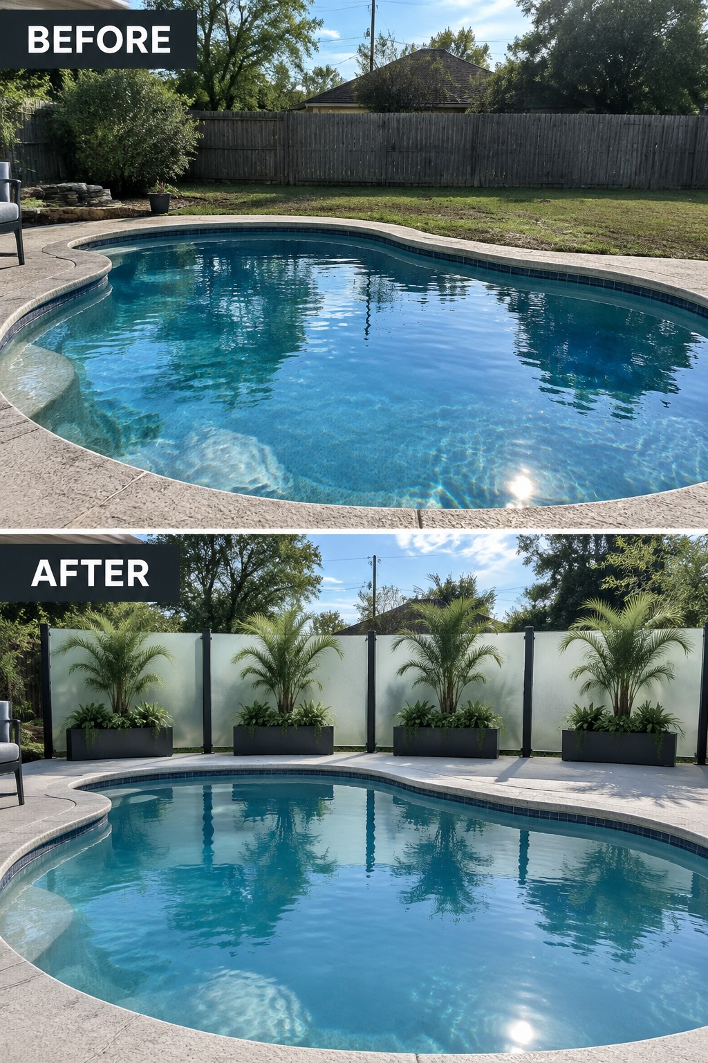 Backyard pool before and after adding frosted glass panels with potted palms