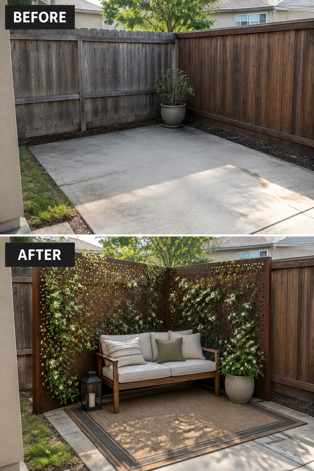 Before and after patio with vine-covered screens, sofa, rug and plants