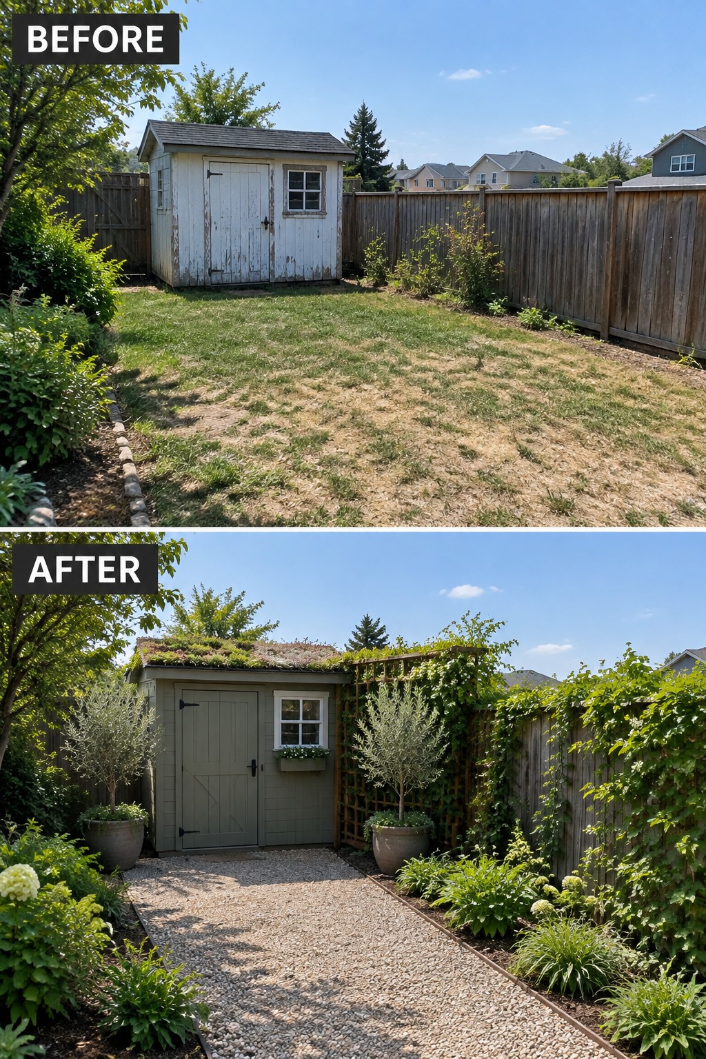 Before-and-after image of a backyard shed area changed from patchy grass and an open fence to a gravel path, planted beds, and a vine-covered trellis.